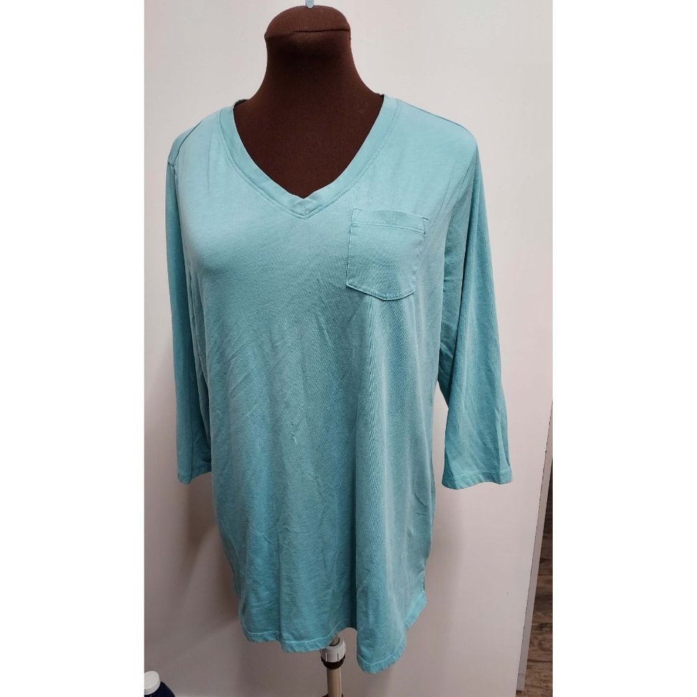 EUC RUFF HEWN LADIES WOMENS AQUA V-NECK TUNIC 3/4 SLEEVE SIZE 1X
